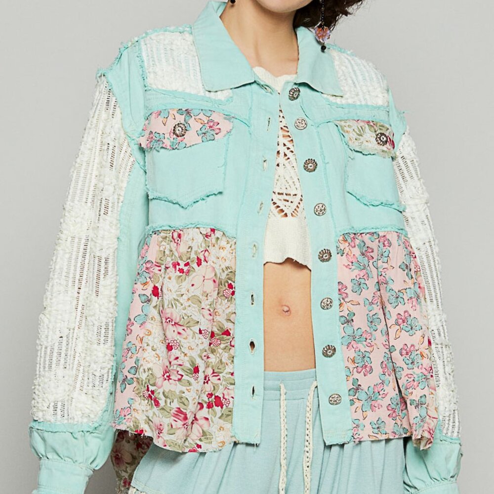 NWT POL Jacket Paradise Mint Balloon Sleeve Lace Floral Crocheted Details